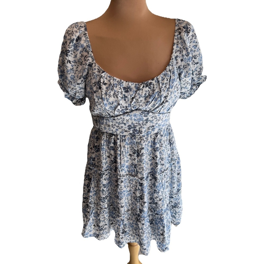 Trixxi Blue & White Floral Babydoll Dress‎ Tiered Cottagecore Peasant Country